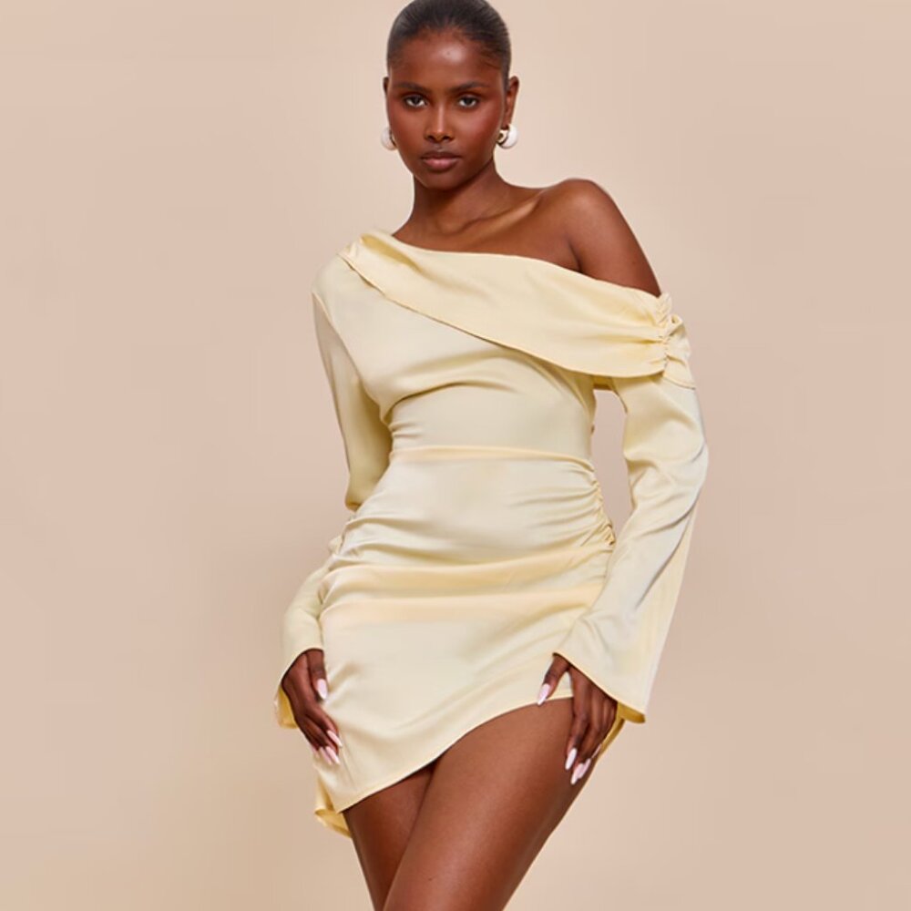Butter Cream Satin One Shoulder Drape Bodycon Dress